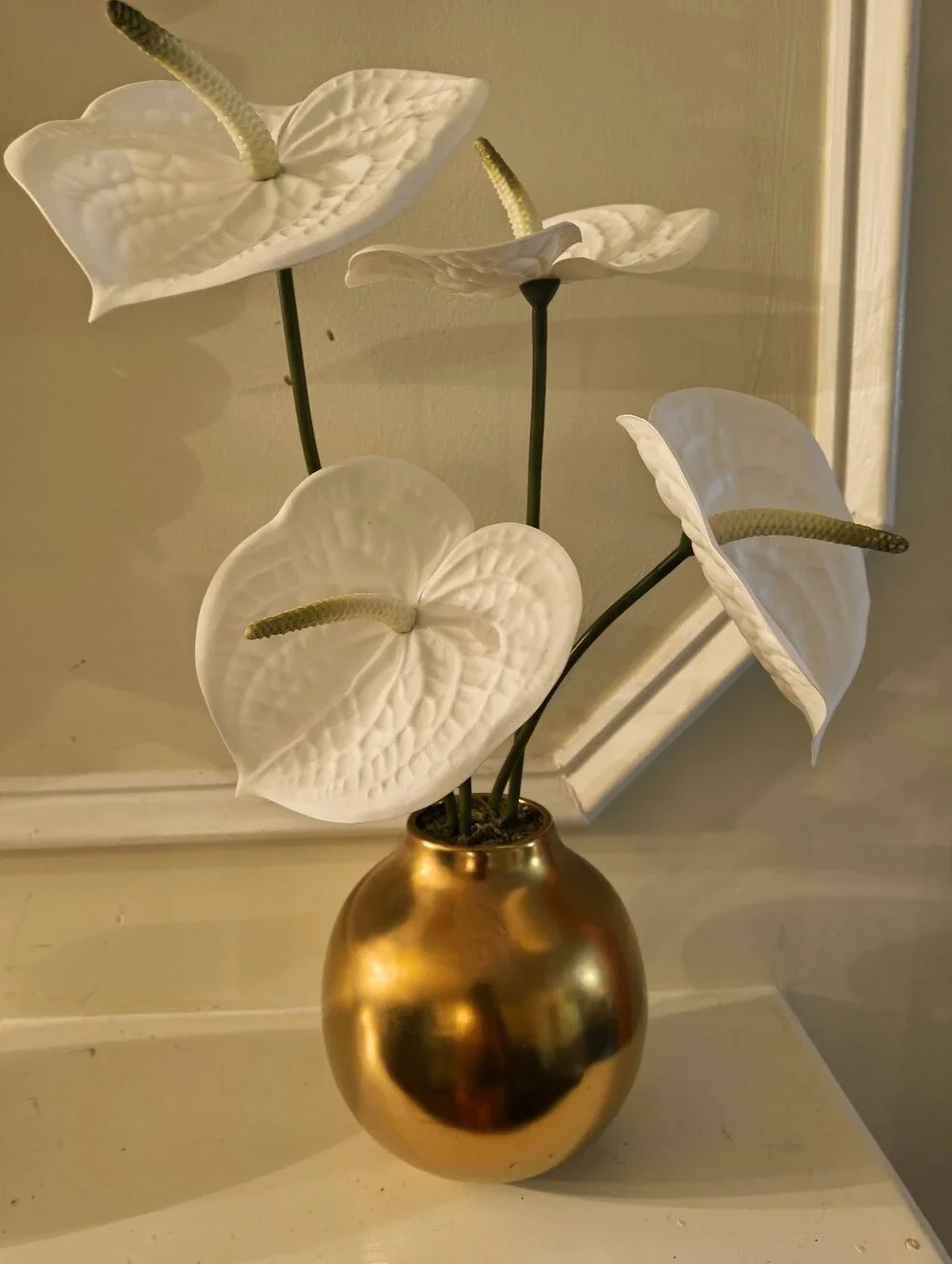 Set Of 2 White Anthurium Floral Arrangement in Gold Vase - Home Accents